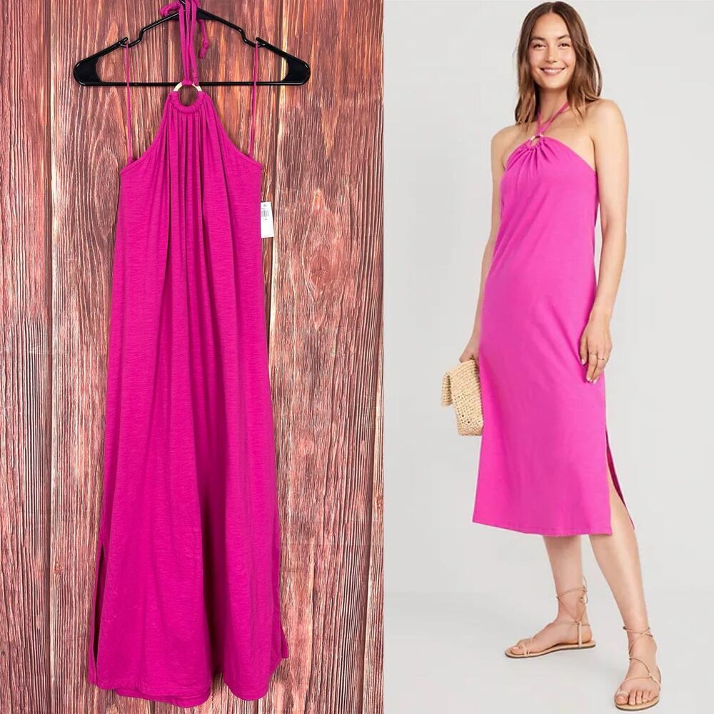 Old Navy Womens Slub Knit Halter Midi Shift Dress Dragon Fruit Pink Medium NWT